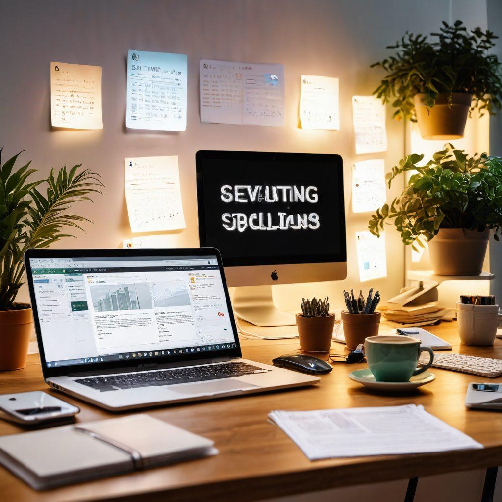A dynamic workspace scene featuring a content creator typing on a laptop surrounded by digital diaries, notes, and creative tools. In the background, visual representations of smart payment solutions like digital wallets and coins floating around, symbolizing profit generation. Warm, inviting lighting illuminating the space with a soft glow. Include diverse elements like a cup of coffee, plants, and tech gadgets to enhance creativity and productivity. super-realistic. vibrant colors. white background.