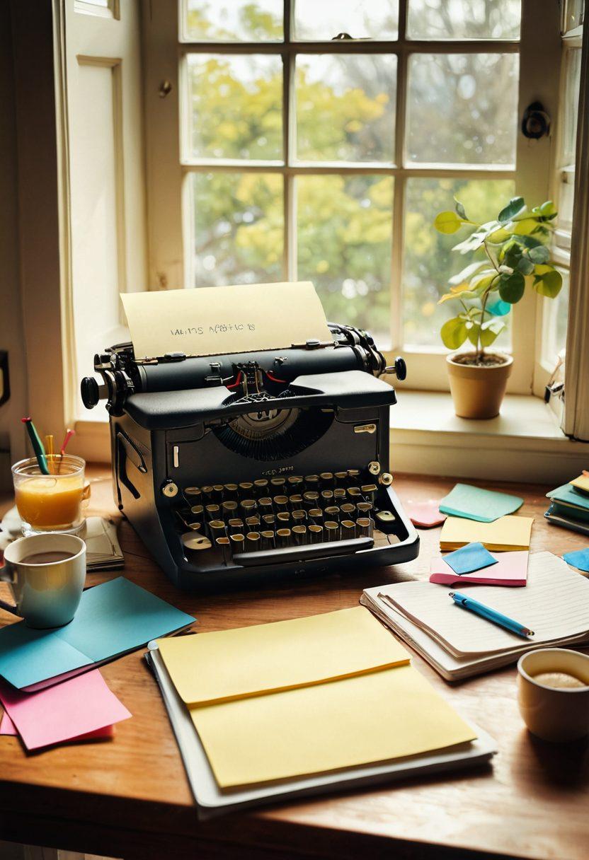 A captivating scene depicting a serene writer's workspace with a vintage typewriter, open notebook, and colorful sticky notes scattered around. In the background, layers of personal narratives and financial insights illustrated as floating papers and golden coins, symbolizing the journey of blogging. Warm sunlight filtering through a window, creating a cozy atmosphere. super-realistic. vibrant colors. soft background.
