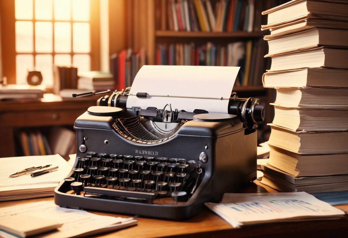 A visually captivating scene featuring a vintage typewriter surrounded by stacks of financial books and papers, with vibrant graphs and charts emerging from the typewriter. In the background, a bright light symbolizes inspiration, while a diverse group of writers brainstorm ideas together. The atmosphere conveys creativity and knowledge. super-realistic. vibrant colors. soft focus.
